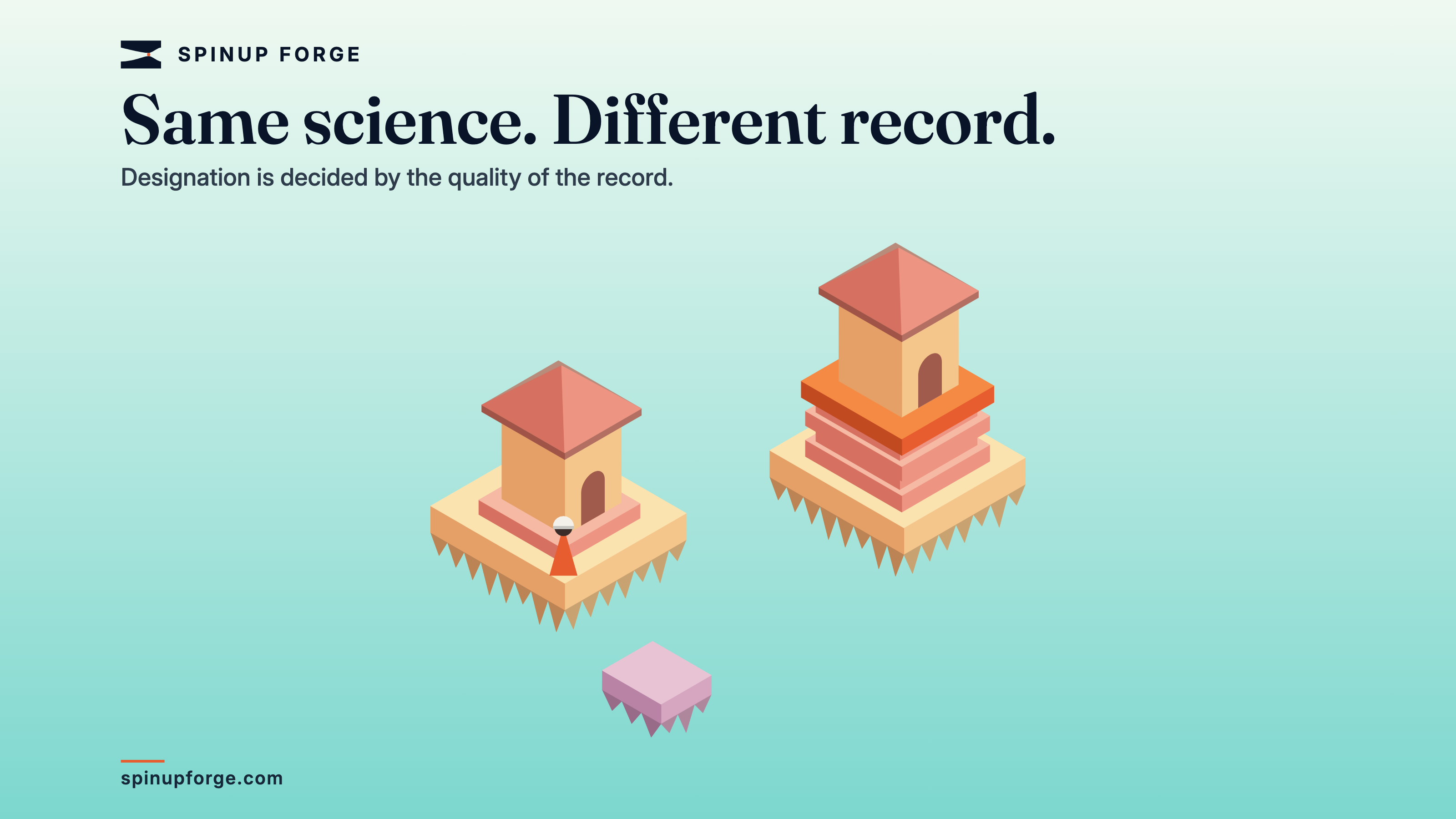 Isometric day scene over turquoise water — two identical peach towers on floating islands. The right tower stands high on a stacked plinth of record-slabs crowned by a single ember layer; the left tower sits low on one thin slab, a small founder figure in an ember dress and pale beanie standing before it.